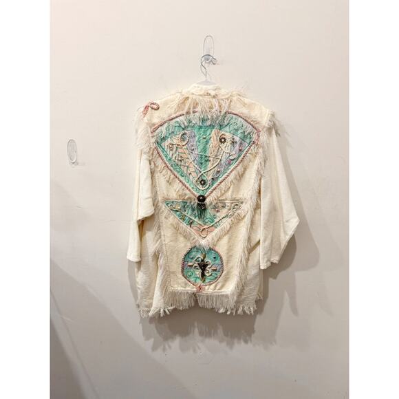 Crystal Embellished Fringe Cape Cotton Oversized Jacket White Multi Women Size M - Picture 2 of 7